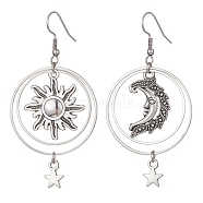 Tibetan Style Alloy Sun & Moon & Star Asymmetrical Earrings, Brass Ring Drop Earrings with 304 Stainless Steel Pins, Antique Silver, 70x35mm(EJEW-JE05428)