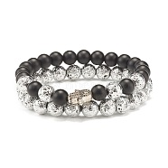 Round Natural Lava Rock & Synthetic Black Stone Beads Energy Power Stretch Bracelets Set, Hamsa Hand /Hand of Miriam Alloy Bead Protection Lucky Bracelets for Girl Women, Antique Silver, Inner Diameter: 2-1/4~2-5/8 inch(5.7~6.8cm), 2pcs/set(BJEW-JB07174)