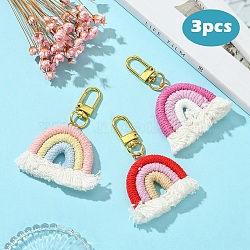 Cotton Macrame Rainbow Keychain, with Alloy Swivel Snap Hook Clasps, Mixed Color, 75mm, 3pcs/set(HJEW-YW00007-03)