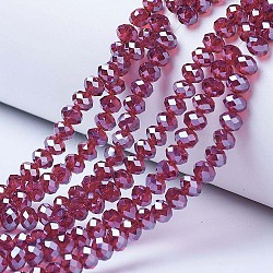 Electroplate Glass Beads Strands, Pearl Luster Plated, Faceted, Rondelle, Medium Violet Red, 8x6mm, Hole: 1mm, about 65~72pcs/strand, 15.7~16.1 inch(40~41cm)(EGLA-A034-T8mm-A02)