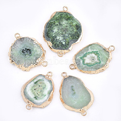 Electroplate Natural Druzy Agate Links connectors, with Iron Findings, Dyed, Golden, Green, 30~45x15~35x3~7.5mm, Hole: 2mm(G-T112-07C)