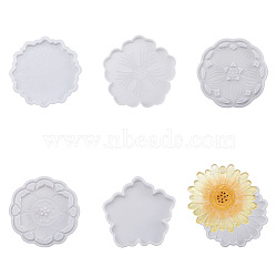 Boutigem 6Pcs 6 Style Silicone Flower Cup Mat Molds Sets, Resin Casting Molds, For DIY UV Resin, Epoxy Resin Craft Making, White, 105~125x7~12mm, 1pc/style(DIY-BG0001-21)
