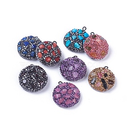 Polymer Clay Rhinestone Semi Circle Pendants, with Gemstone Chip and PU Leather, Half Round, Mixed Color, 26x23x8mm, Hole: 1.5mm(RB-S056-10-M)