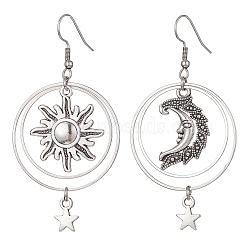 Tibetan Style Alloy Sun & Moon & Star Asymmetrical Earrings, Brass Ring Drop Earrings with 304 Stainless Steel Pins, Antique Silver, 70x35mm(EJEW-JE05428)