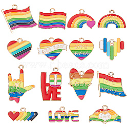 56pcs 14 style Rainbow Color Alloy Enamel Pendants, Mixed Shapes, Light Gold, Colorful, 10~28.5x15~22.5x1~1.5mm, Hole: 1.5~1.8mm, 4pcs/style(ENAM-SC0003-23)