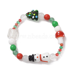 Christmas Tree & Snowman & Mushroom Stretch Bracelet, Natural & Synthetic Mixed Gemstone & Lampwork & Acrylic Adjustable Bracelet for Women, Colorful, Inner Diameter: 2-1/4 inch(5.65cm)(BJEW-TA00257)