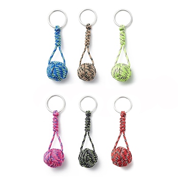 Braided Ball Rope Polyester Keychains, with 304 Stainless Steel Findings, Round, Mixed Color, 9.5cm