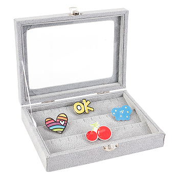 Rectangle Velvet Badge Presentation Boxes , Clear Glass Visible Window Storage Box for Brooch Storage, with Iron Clasps, Light Grey, 15.2x20.2x4.7cm