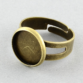 Brass Pad Ring Settings, Adjustable, Flat Round, Antique Bronze, Tray: 16mm, 18mm, Flat Round: 13mm