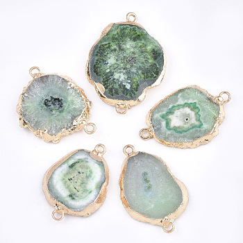 Electroplate Natural Druzy Agate Links connectors, with Iron Findings, Dyed, Golden, Green, 30~45x15~35x3~7.5mm, Hole: 2mm