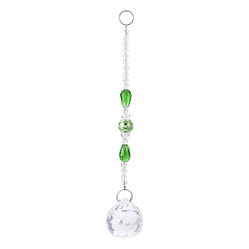 Faceted Crystal Glass Ball Chandelier Suncatchers Prisms, with Alloy Beads, Green, 190mm