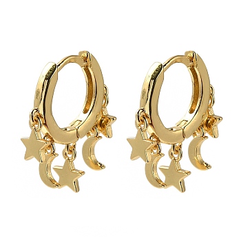 Rack Plating Brass Hoop Earrings, Cadmium Free & Lead Free, Long-Lasting Plated, Star & Moon, Real 18K Gold Plated, 17x5mm