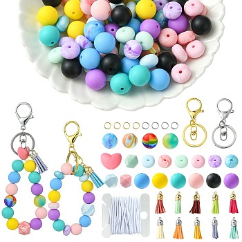 DIY Silicone Beaded Keychain Making Kit, Mixed Color, 15mm, Hole: 2mm