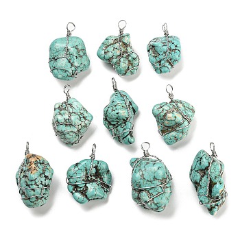Synthetic Turquoise Dyed Pendants, Nuggets Charms with Rack Plating Platinum Plated Brass Wire Wrapped, Lead Free & Cadmium Free, 36~46x17~30x16~27mm, Hole: 4mm