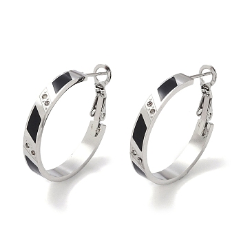 304 Stainless Steel Rhinestone Hoop Earrings for Women, Enamel Style, Stainless Steel Color, 27.5x4.5mm