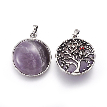 Natural Amethyst Pendants, with Brass Findings and Rhinestone, Half Round with Tree of Life and Owl, 31x27x10~11mm, Hole: 5x7mm