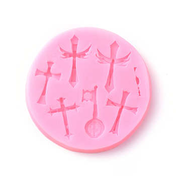 Food Grade Silicone Molds, Fondant Molds, For DIY Cake Decoration, Chocolate, Candy, UV Resin & Epoxy Resin Jewelry Making, Resin Casting Molds, For UV Resin & Epoxy Resin Jewelry Making, Flat Round with Cross, Pink, 94x10mm