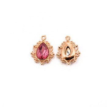 Alloy Pendants, with Rhinestone, Cadmium Free & Lead Free, Light Gold, Teardrop, Hot Pink, 25x19x5mm, Hole: 1.6mm