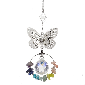Butterfly Brass & 304 Stainless Steel Hanging Suncatchers, with Glass Pendants and Mixed Gemstone Chip Beads, Stainless Steel Color, 228mm, Hole: 8mm