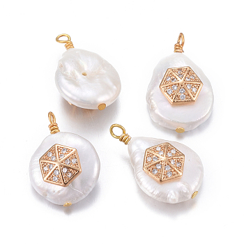 Natural Cultured Freshwater Pearl Pendants, with Brass Micro Pave Cubic Zirconia Findings, Nuggets with Hexagon, Golden, Clear, 17~26x11~16x5~11mm, Hole: 1.6~2mm