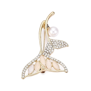 Alloy Crystal Rhinestone & Glass Whale Tail Brooch Pins with ABS Pearl for Clothes Backpack, Light Gold, 32x53.5~55.5x13~14.5mm