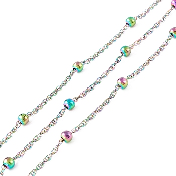 304 Stainless Steel Satellite Chains, Unwelded, with Spool, Rainbow Color, Beads: 4mm, Link: 3x1x1mm, about 32.81 Feet(10m)/roll