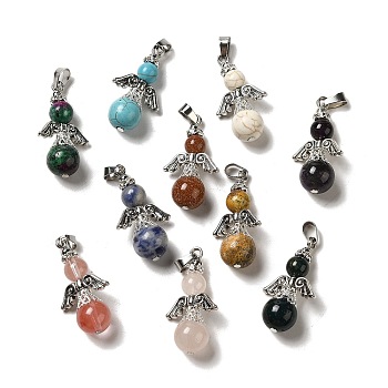 Natural & Synthetic Mixed Gemstone Pendants, Guardian Angel Charms with Alloy Wings, Mixed Dyed and Undyed, Antique Silver, 37x20x12mm, Hole: 6.5x4mm