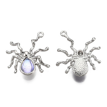 Halloween Rack Plating Alloy Pendants, Spider Charm, with Lilac Resin Beads, Cadmium Free & Lead Free, Platinum, 30x27x5.8mm, Hole: 1.6mm
