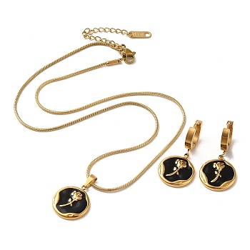 Flower Golden 304 Stainless Steel Jewelry Set with Enamel, Dangle Hoop Earrings and Pendant Necklace, Black, Necklaces: 402mm; Earring: 33x16mm