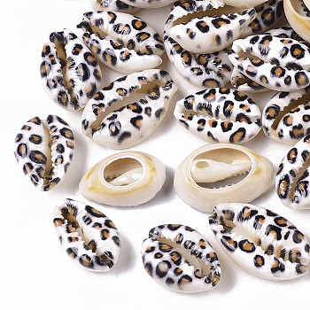 Printed Natural Cowrie Shell Beads, No Hole/Undrilled, with Leopard Print Pattern, White, 18~21x12~15x7mm
