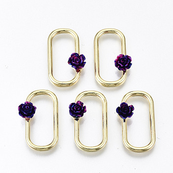 Rack Plating Open Back Bezel, For DIY UV Resin, Epoxy Resin, Pressed Flower Jewelry, with Resin, Cadmium Free & Nickel Free & Lead Free, Oval with 3D Purple Flower, Light Gold, 24x14x5mm