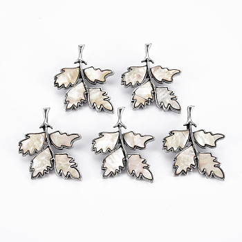 Leaf Shape Natural White Shell Brooch Pin, Alloy Lapel Pin for Backpack Clothing, Lead Free & Cadmium Free, Antique Silver, Beige, 44~47x36~37x10mm, Hole: 6x4mm, Pin: 0.7mm