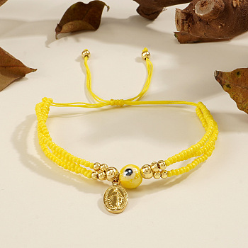 Bohemian Style Glass Seed Braided Bead Bracelets, Evil Eye & Oval with Virgin Marry Jewelry for Women, Yellow