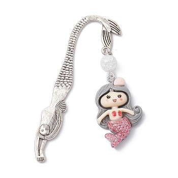 Mermaid Resin Pendant Bookmarks, with Synthetic Crackle Quartz Bead, Gray, 78.5mm, Pendant: 47x22x7.5mm