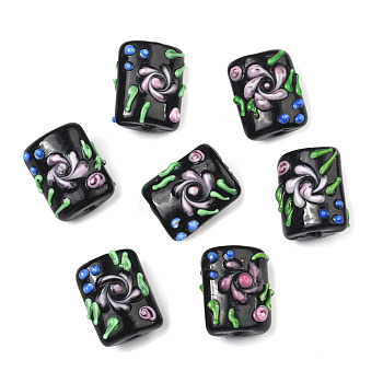 Handmade Bumpy Lampwork Beads Strands, Rectangle with Flower, Black, 17.5~18x14x11~13mm, Hole: 2mm