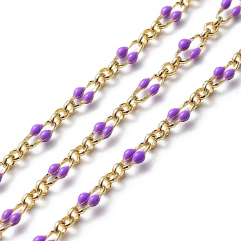 Enamel Oval Link Chains, with Real 18K Gold Plated Brass Findings, Soldered, with Spool, Dark Orchid, 4x7x1mm