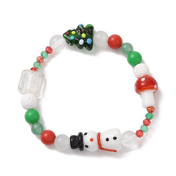 Christmas Tree & Snowman & Mushroom Stretch Bracelet, Natural & Synthetic Mixed Gemstone & Lampwork & Acrylic Adjustable Bracelet for Women, Colorful, Inner Diameter: 2-1/4 inch(5.65cm)