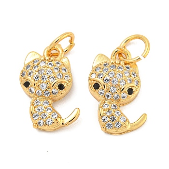 Rack Plating Brass Micro Pave Clear Cubic Zirconia Pendants, Long-Lasting Plated, with Jump Rings, Lead Free & Cadmium Free, Real 18K Gold Plated, Cat Shape, 13x9.5x3mm, Hole: 3mm