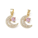 Brass Micro Pave Mixed Color Cubic Zirconia Pendants, Long-Lasting Plated, Moon with Triangle Charms, Real 18K Gold Plated, 16.5x12.5x3.5mm, Hole: 5x3.5mm(KK-A299-06G)