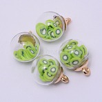 Transparent Glass Globe Pendants, with Resin Imitation Fruit Chips inside and CCB Snap on Bails, Round, Kiwi Fruit, Lime Green, 22x16mm, Hole: 2.5mm(GLAA-TAC0003-03B)