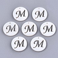Natural Freshwater Shell Charms, Flat Round with Hollow Out Letter, Letter.M, 14.5x1.5mm, Hole: 0.9mm(SHEL-S276-119M)