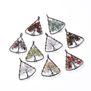 Long-Lasting Plated Brass Pendants, Wire Wrapped Pendants, with Natural Mixed Gemstone Chips, Triangle with Tree, Red Copper, 39~40x30~31x4~8mm, Hole: 4.5mm(KK-D531-02R)