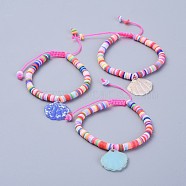 Eco-Friendly Handmade Polymer Clay Heishi Beads Kids Braided Bracelets, with Resin Paillette Pendants and Nylon Cord, Shell, Mixed Color, 1-3/4 inch~2-3/4 inch(4.5~7cm)(BJEW-JB04319-M)