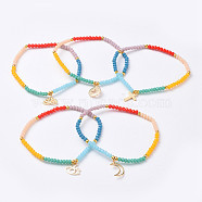 Chakra Jewelry, Charm Bracelets, with Faceted Rondelle Glass Beads and Real 18K Gold Plated Brass Charms, Flat Round with Starfish/Sea Stars & Cross & Moon & Eye & Lotus Flower, Mixed Color, 2-1/8 inch(5.5cm)(BJEW-JB04764)