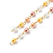 Handmade Glass Pearl Round Beaded Chains, with Brass Eye Pins, Unwelded, Yellow, 13x6mm, about 3.28 Feet(1m)/Box(AJEW-SZ0002-40E)