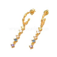 Colorful Cubic Zirconia Tassel Dangle Stud Earrings, Rack Plating Brass Half Hoop Earrings for Women, Cadmium Free & Lead Free, Real 18K Gold Plated, 37.5mm, Pin: 0.8mm(EJEW-P221-43G)