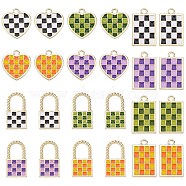SUPERFINDINGS 24Pcs 12 Style Rack Plating Alloy Checkerboard Pendants, with Enamel, Cadmium Free & Lead Free, Light Gold, Mixed Color, 18.5~22x11.5~18x2mm, Hole: 2~8mm, 2pcs/style(FIND-FH0003-01)