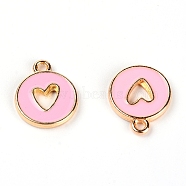 Zinc Alloy Enamel Charms, Flat Round with Hollow Heart, Light Gold, Pink, 14x12x2mm, Hole: 1.5mm(ENAM-TAC0013-18D)
