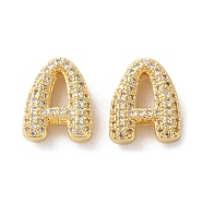 Rack Plating Brass Micro Pave Cubic Zirconia Slide Charms, Long-Lasting Plated, Lead Free & Cadmium Free, Real 18K Gold Plated, Letter, Letter A, 13.5x11x4.8mm, Hole: 10.5x1.7mm(KK-C084-34G-A)