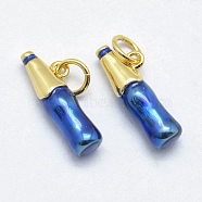 Brass Pendants, with Enamel, Cadmium Free & Nickel Free & Lead Free, Long-Lasting Plated, Bottle, Blue, Real 18K Gold Plated, 17x4.5mm, Hole: 3mm(KK-J279-29G-NR)
